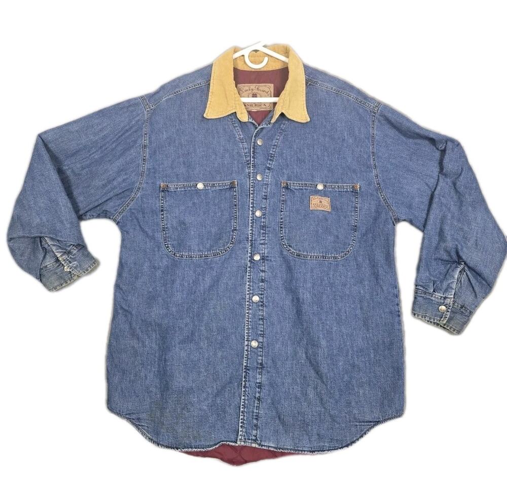 Vintage Lucky Brand Dungarees Denim Jacket Corduroy Chore Lined Large Cowboy 90s